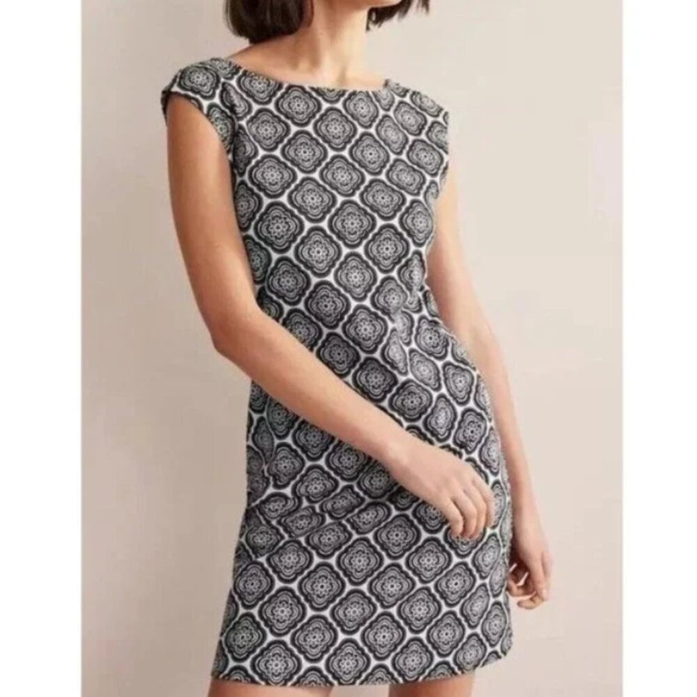 Boden Sleeveless Cotton Shift Dress White Black‎ Medallion Print 8